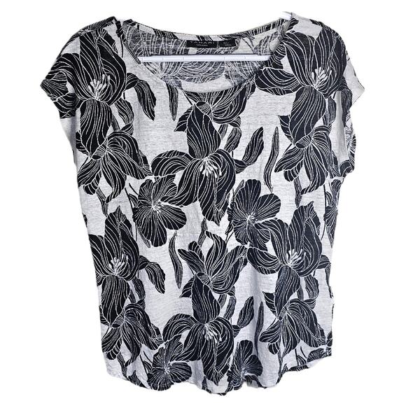 Tahari 100% Linen Floral Blouse-Short Sleeve, Black & White Casual Summer Top, L - Picture 1 of 5